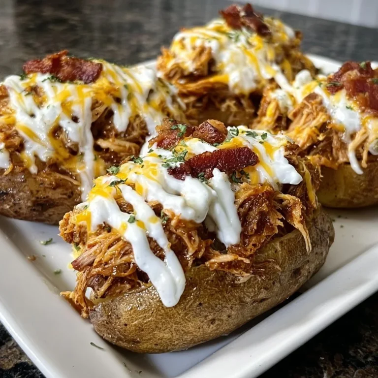Bacon Ranch Pulled Pork Stuffed Potatoes topped with cheese and herbs