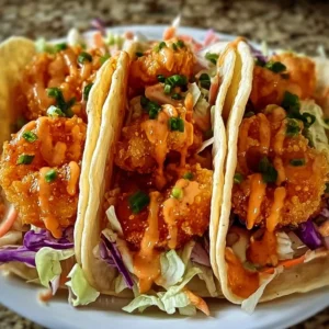 Delicious Bang Bang Shrimp Tacos served with fresh toppings and sauce