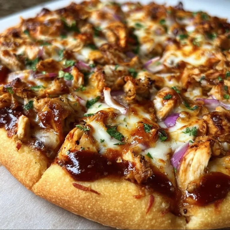 Delicious BBQ chicken pizza topped with barbecue sauce, cheese, and fresh herbs
