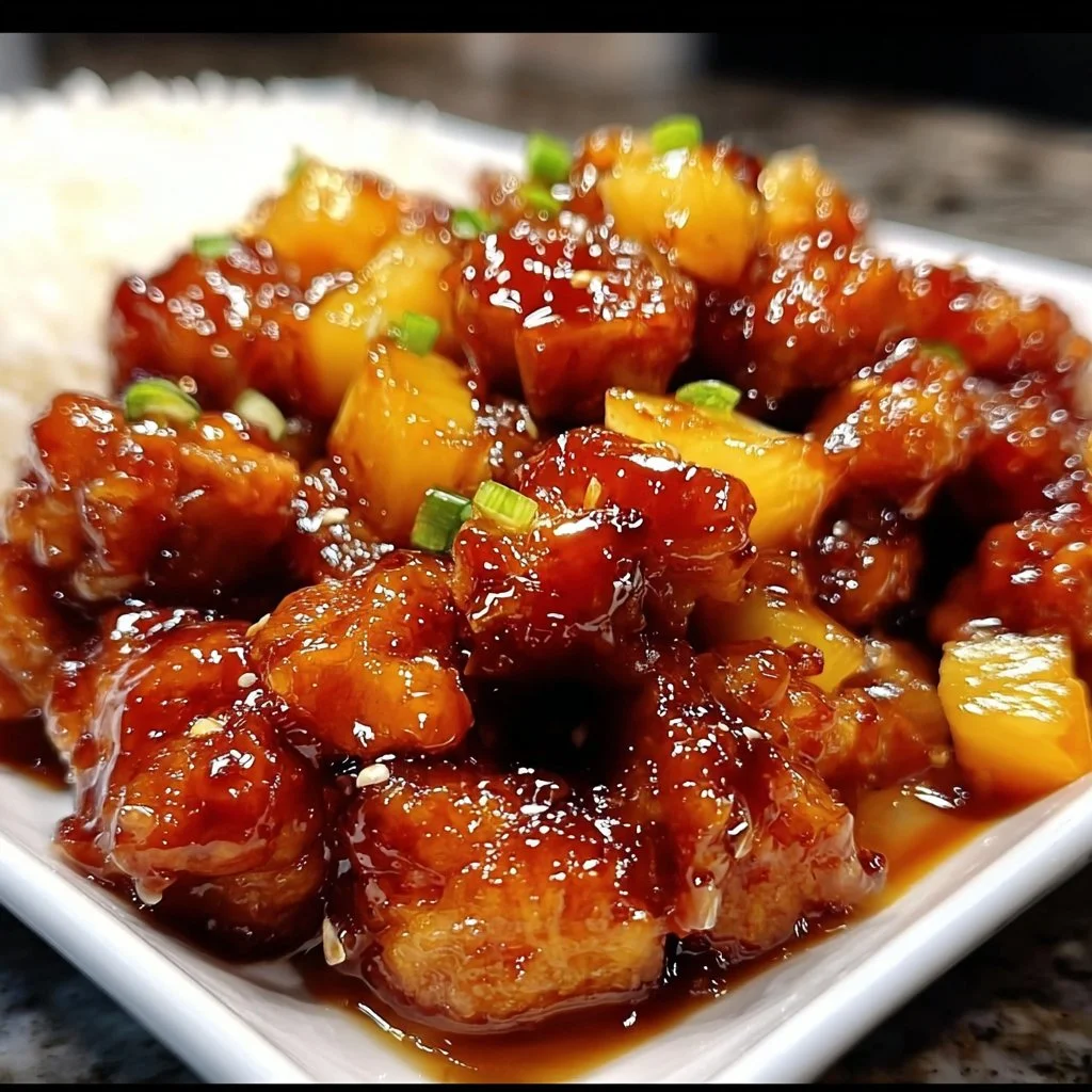 Delicious Brown Sugar Pineapple Chicken dish garnished with fresh herbs.