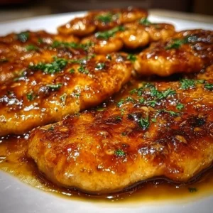 Caramelized garlic chicken escalopes served with vegetables on a plate.