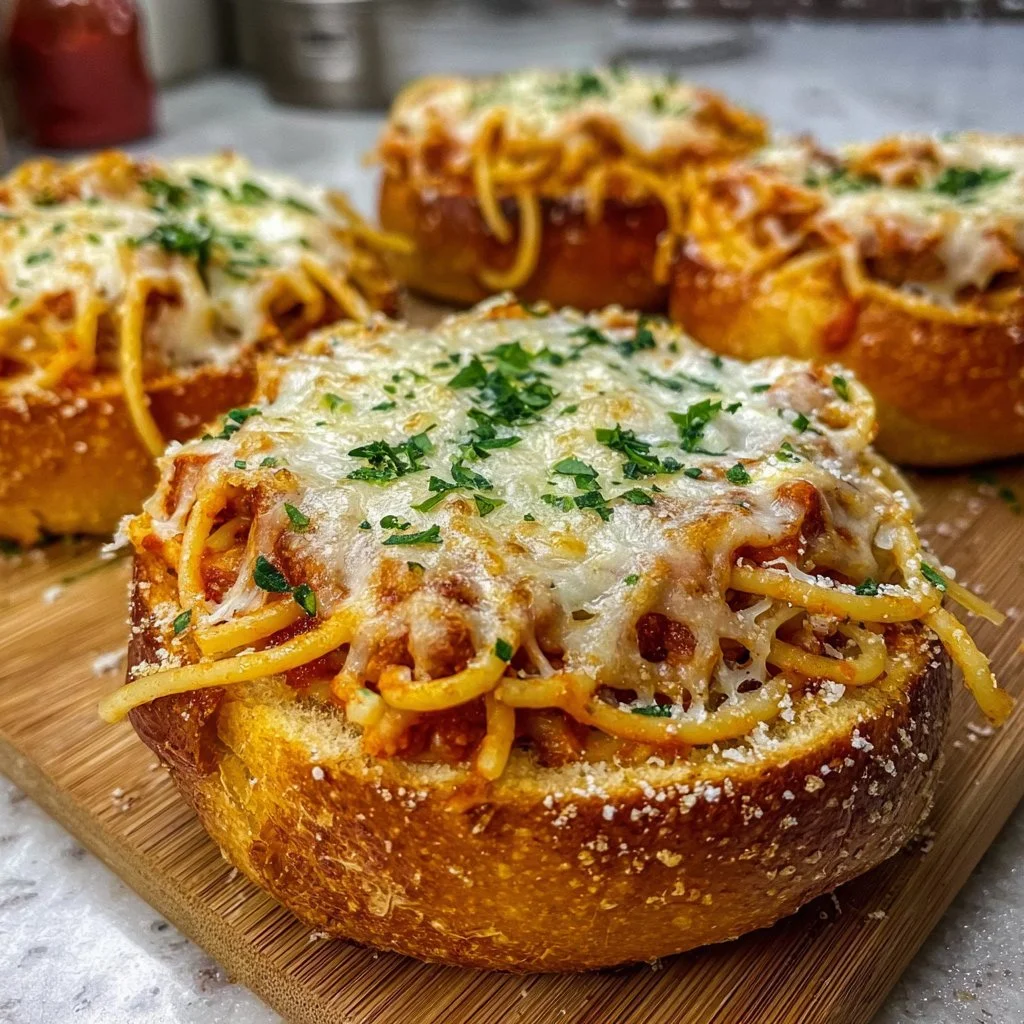 Delicious cheesy spaghetti in garlic bread bowls for a quick dinner