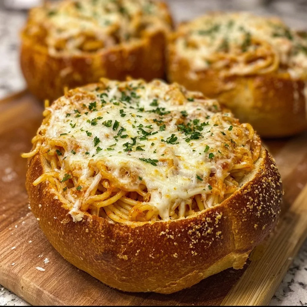 Cheesy Spaghetti in Garlic Bread Bowls | Fast Dinner Idea