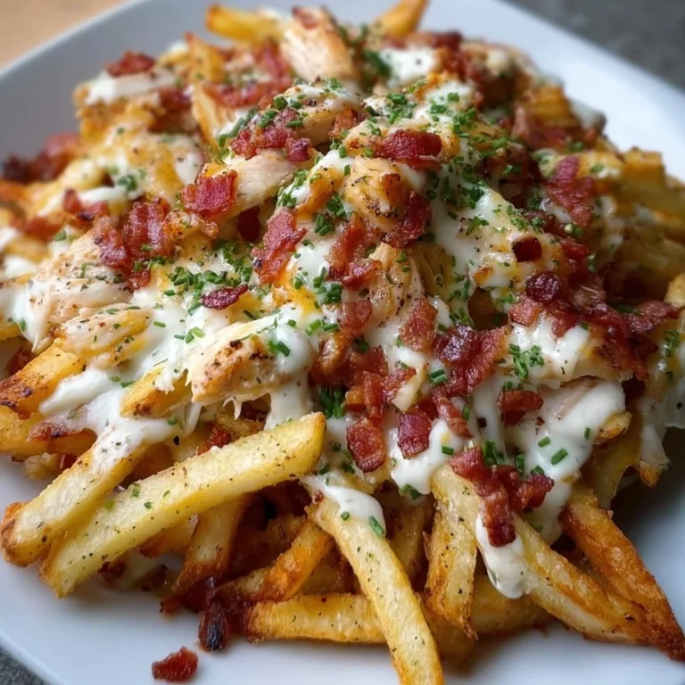 Chicken Bacon Ranch Fries topped with crispy bacon and ranch dressing