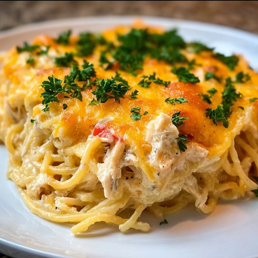Creamy chicken spaghetti casserole topped with cheese and herbs.