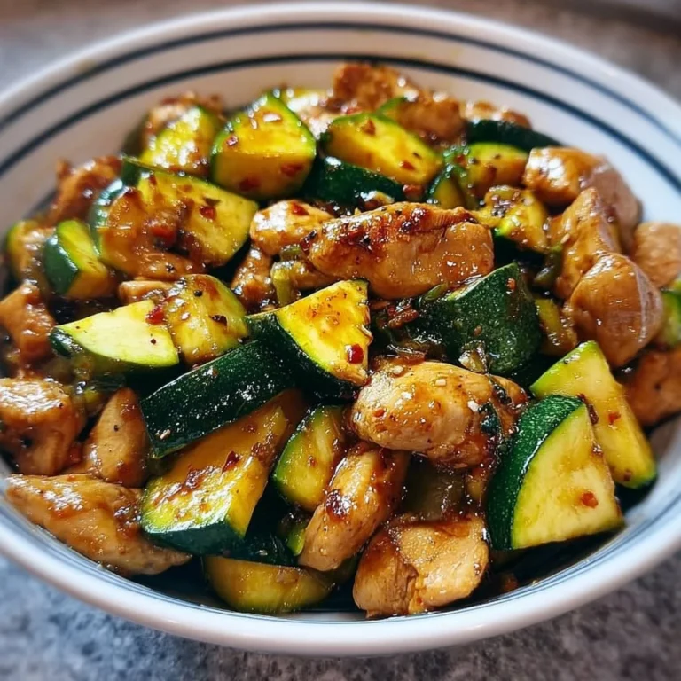 Delicious chicken zucchini stir fry dish in a colorful bowl