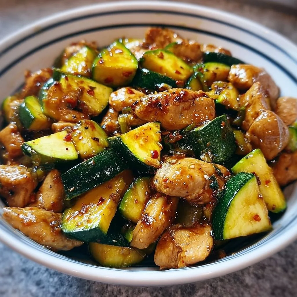 Delicious chicken zucchini stir fry dish in a colorful bowl