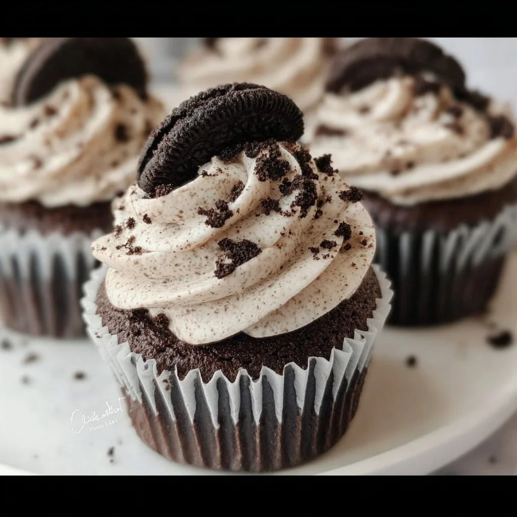 Chocolate Oreo Cupcakes topped with creamy frosting and crushed Oreos