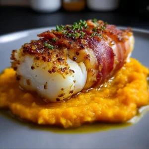 Cod in smoked bacon crust served with creamy butternut puree