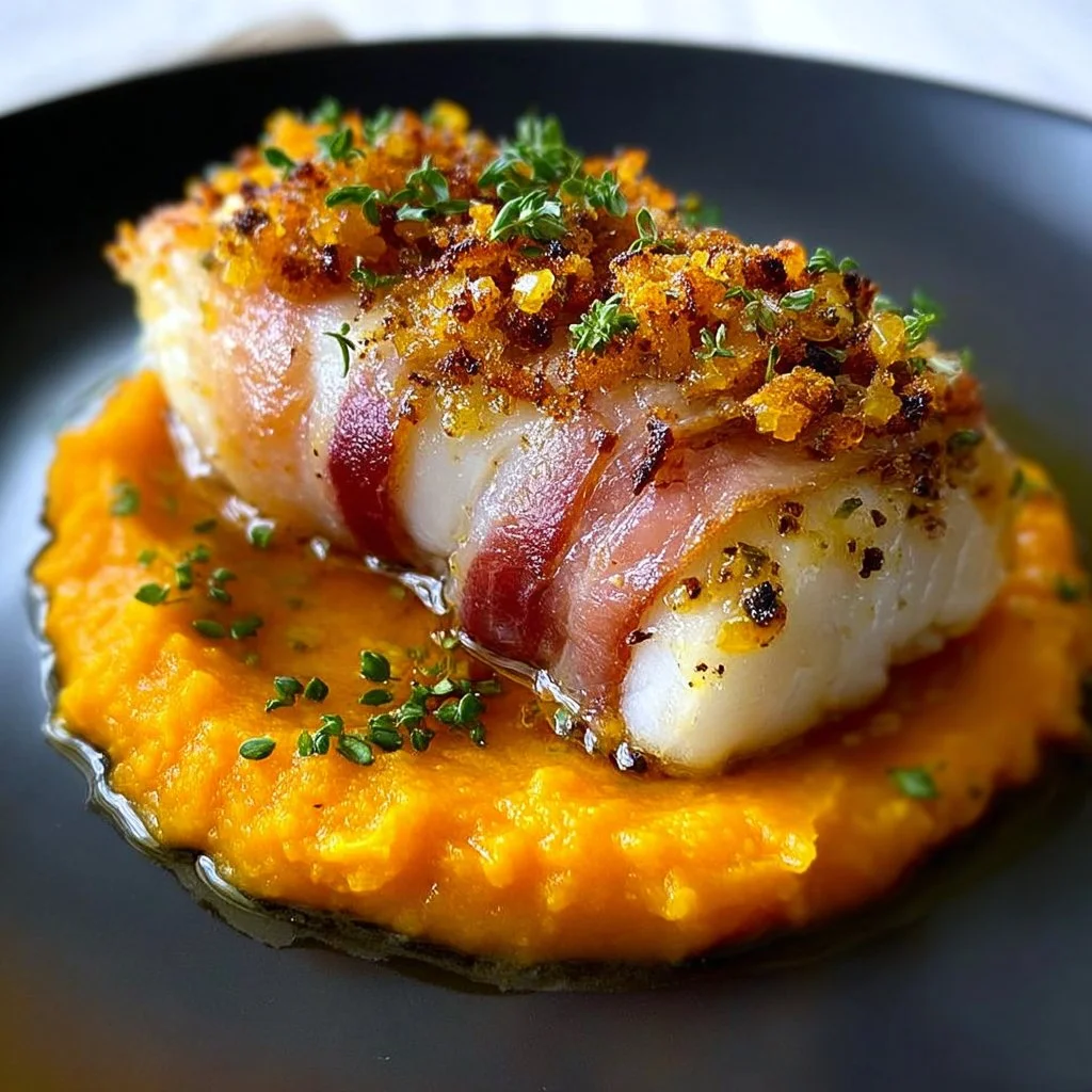 Cod in smoked bacon crust with butternut puree