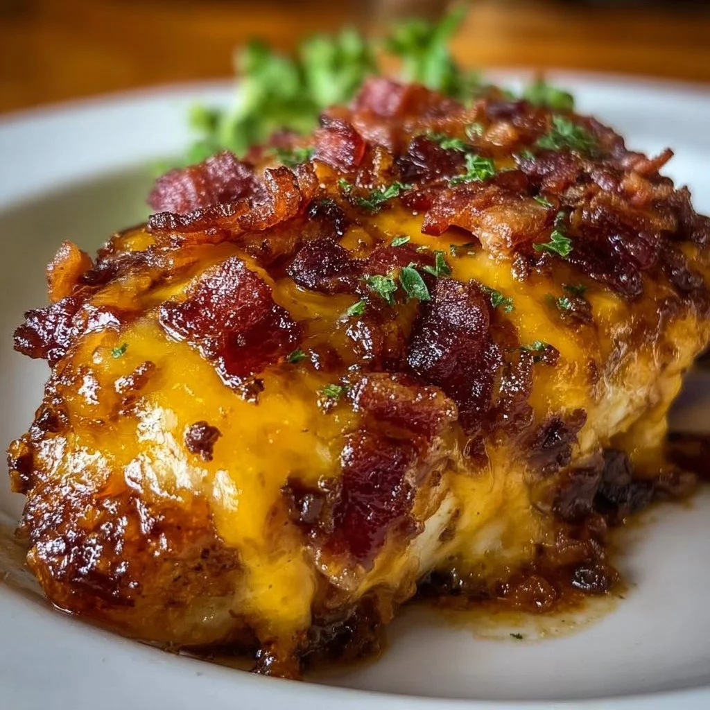Cowboy BBQ Bacon Cheddar Chicken with crispy bacon and melted cheddar cheese