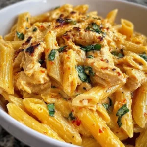 A bowl of creamy Crack Chicken Penne topped with herbs and cheese