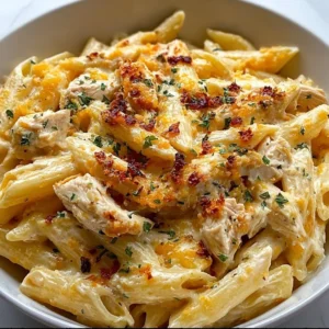 Creamy Crack Chicken Penne pasta dish garnished with herbs