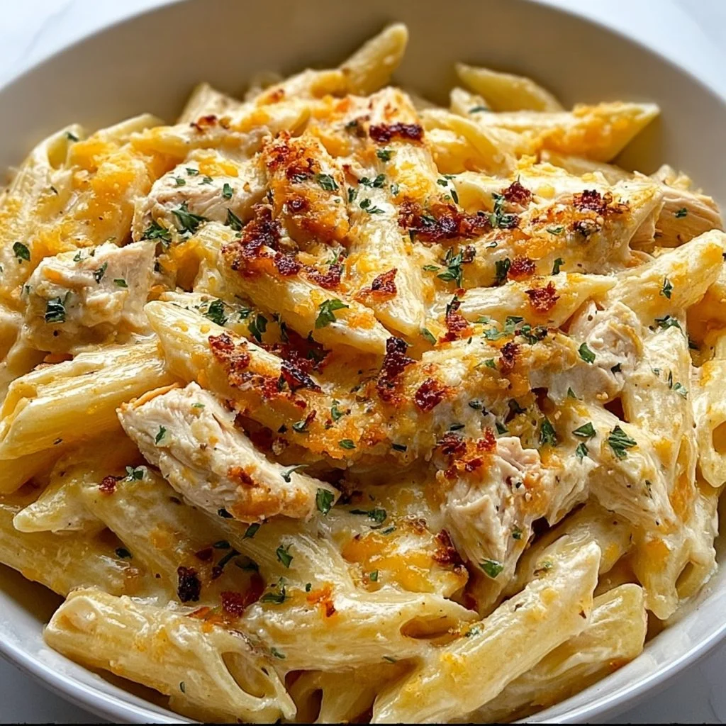 Creamy Crack Chicken Penne pasta dish garnished with herbs