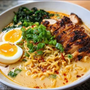 Bowl of creamy garlic chicken ramen topped with sliced green onions and herbs.