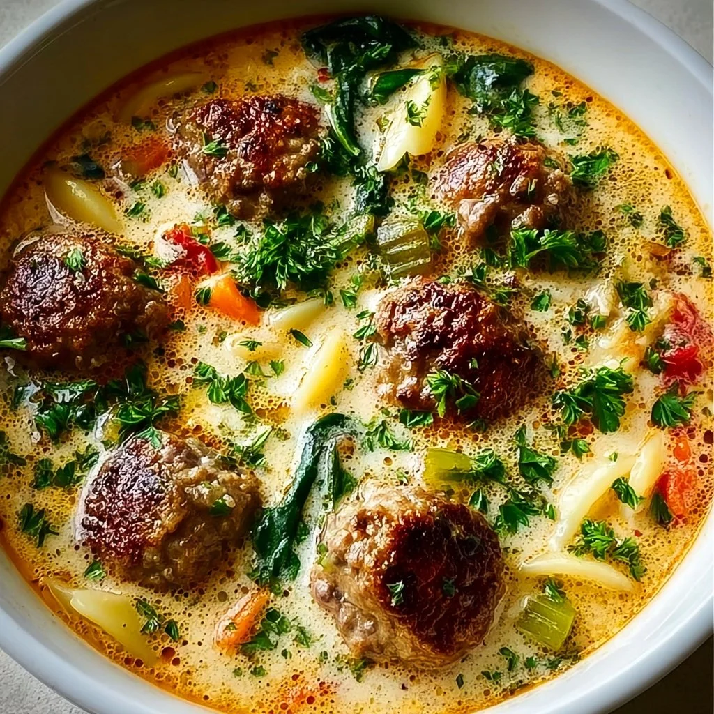 Creamy Italian meatball soup in a bowl, garnished with parsley.