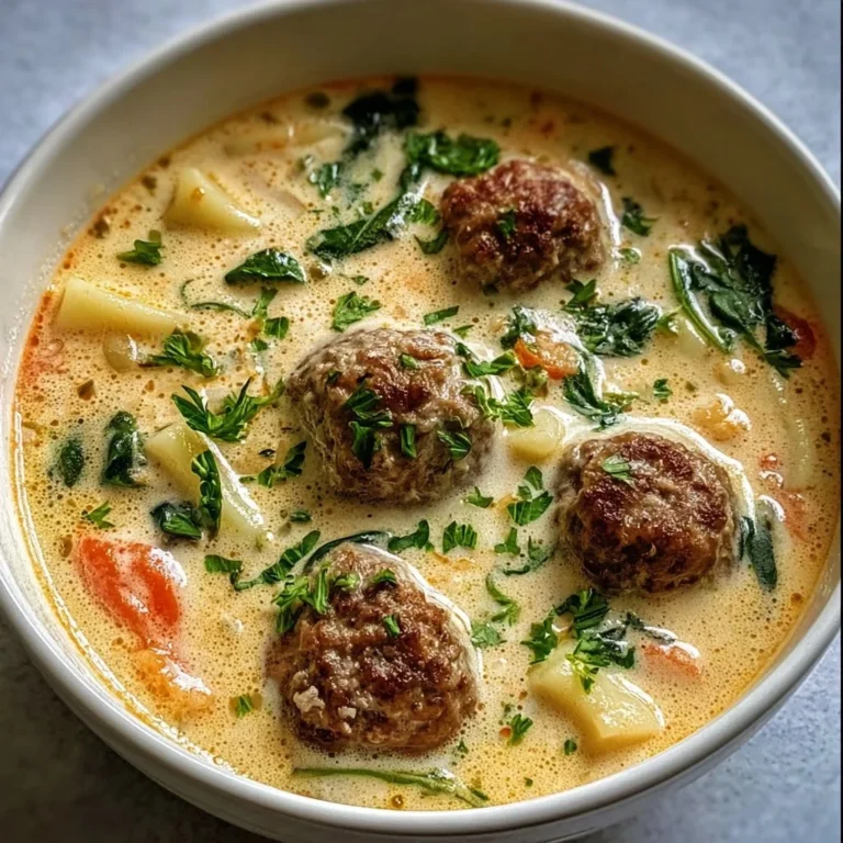 Bowl of creamy Italian meatball soup with herbs and vegetables