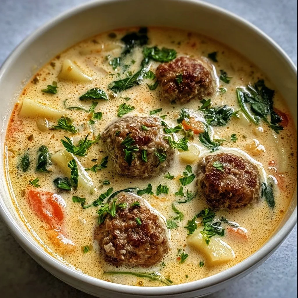 Bowl of creamy Italian meatball soup with herbs and vegetables