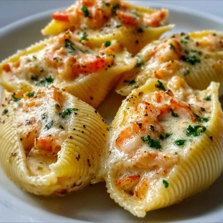 Creamy seafood stuffed shells filled with shrimp and fish, topped with cheese.