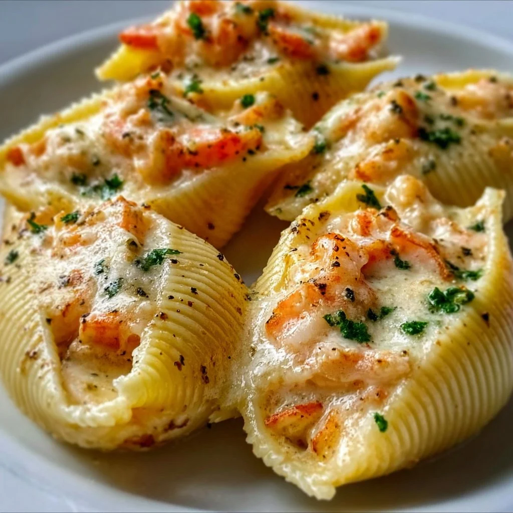 Creamy seafood stuffed shells filled with shrimp and fish, topped with cheese.