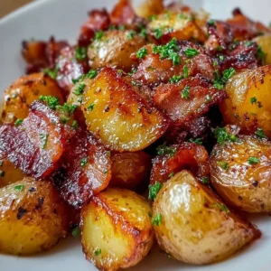 Crispy Bacon Honey Roasted Potatoes served in a dish