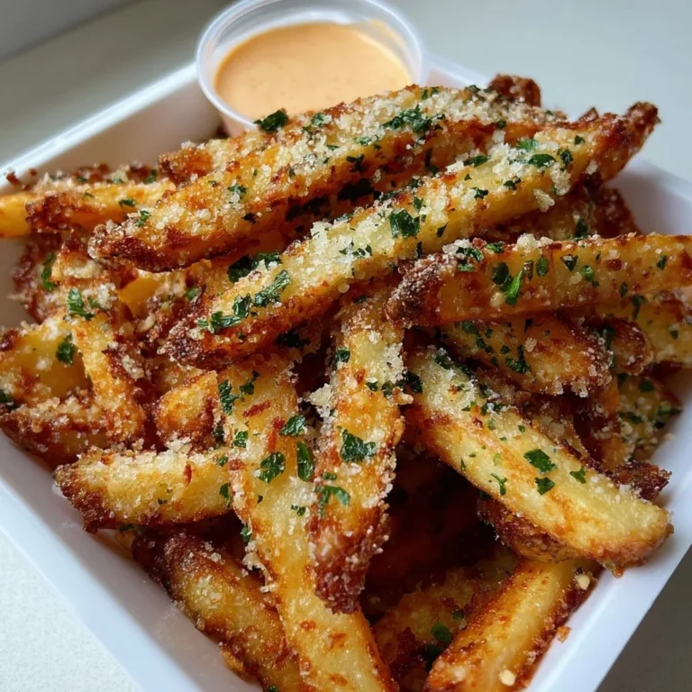 Plate of crispy garlic parmesan fries topped with cheese and parsley