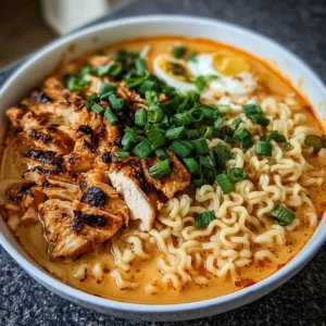 Bowl of fiery chicken ramen topped with fresh ingredients and spices