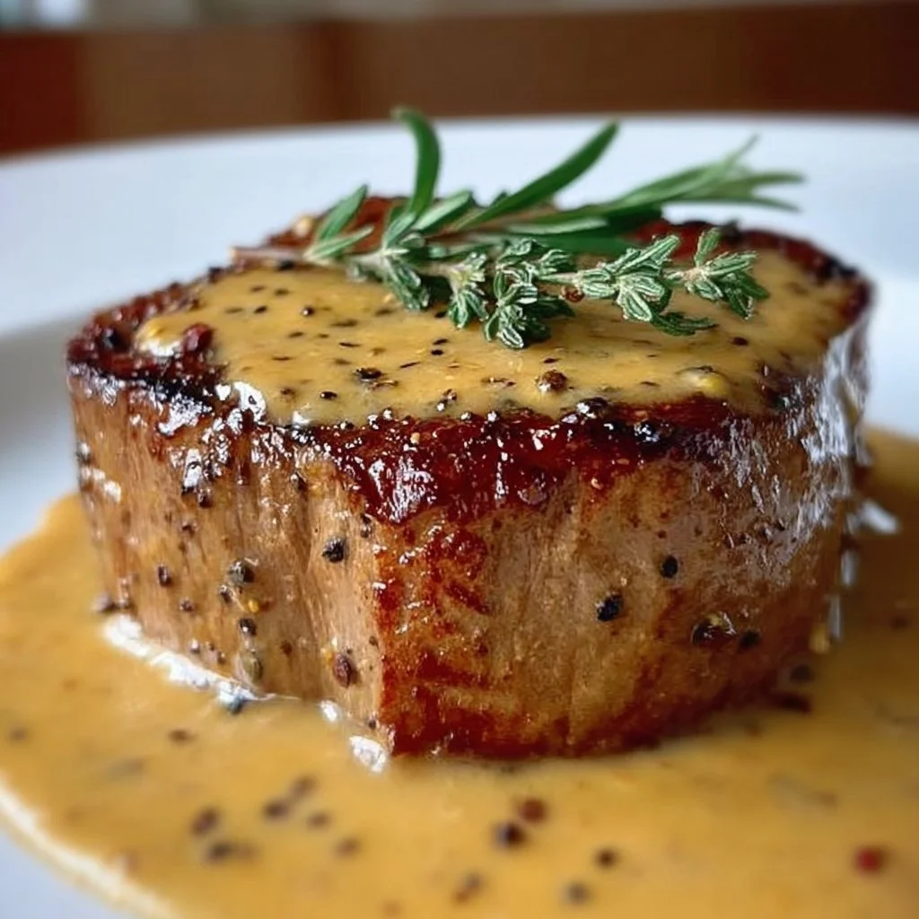 Juicy Filet Mignon drizzled with honey mustard sauce served on a plate