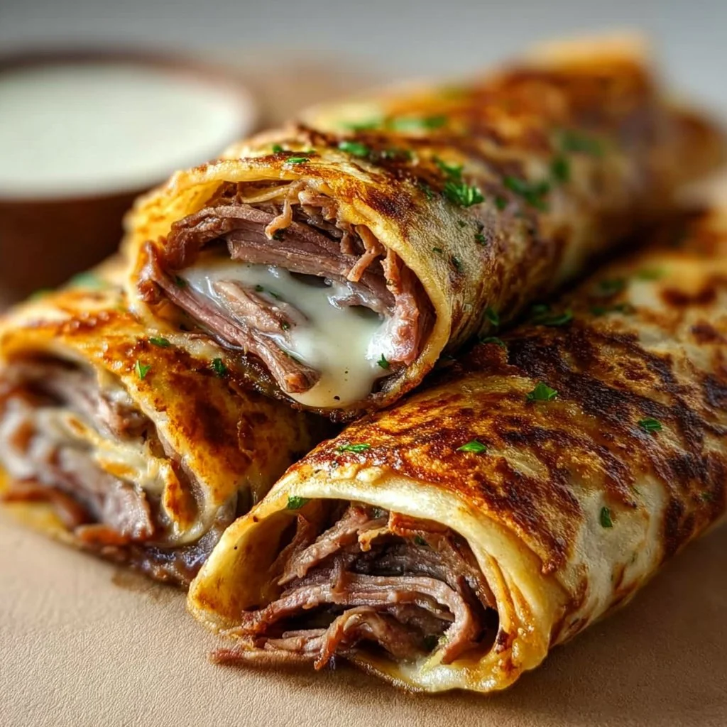 French Dip Tortilla Roll Ups served on a plate with dipping sauce