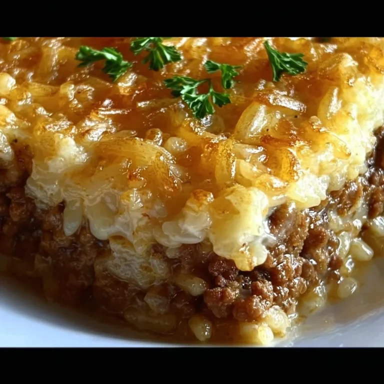 Savory French onion ground beef and rice casserole in a baking dish