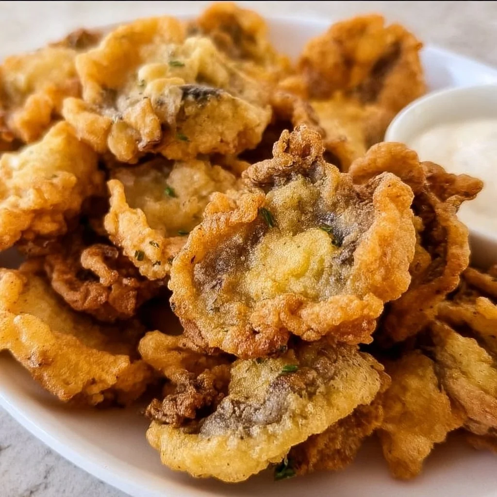 Golden fried mushrooms served as a delicious appetizer or snack