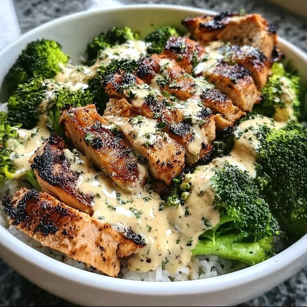How to Make Grilled Chicken & Broccoli Bowls with Creamy Garlic Sauce