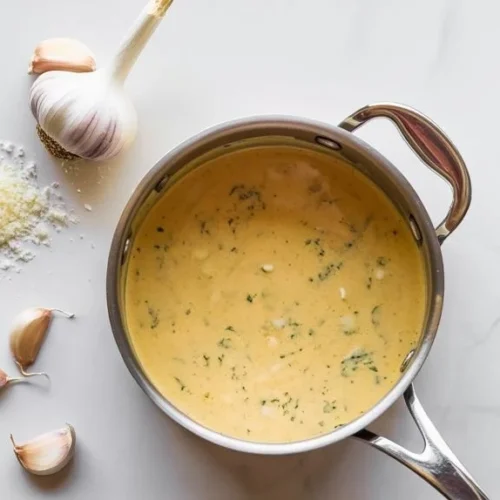 A delicious garlic cream sauce served over a perfectly cooked steak.