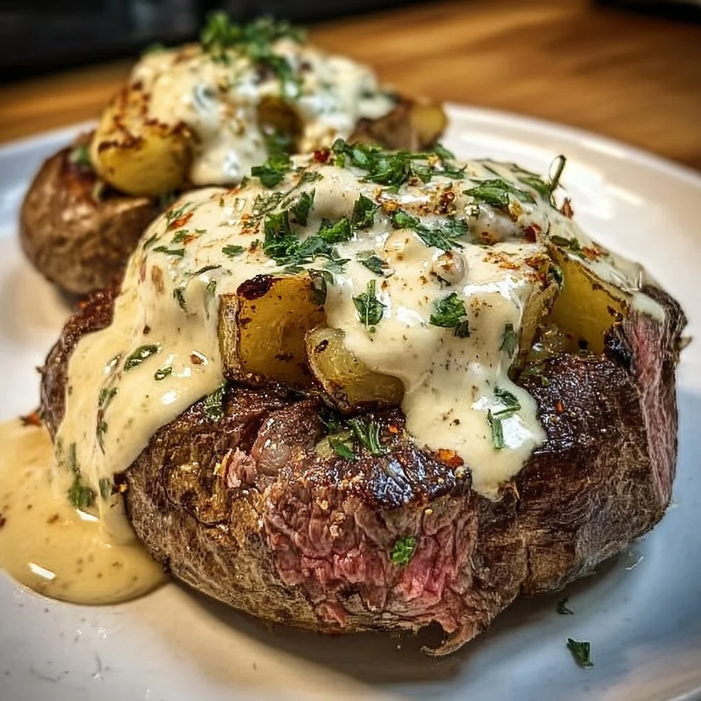 Delicious loaded steak potatoes with savory cream sauce topped with green onions.