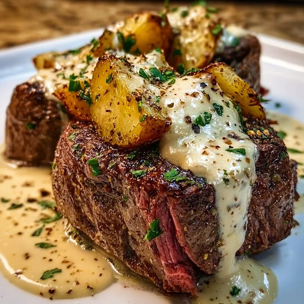 Indulge in Loaded Steak Potatoes with Savory Cream Sauce