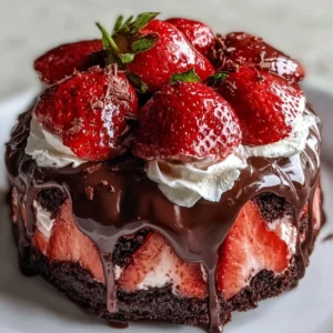 Indulgent strawberry chocolate shell cake with fresh strawberries and rich chocolate glaze.