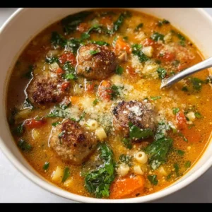 Delicious bowl of Italian meatball soup garnished with herbs