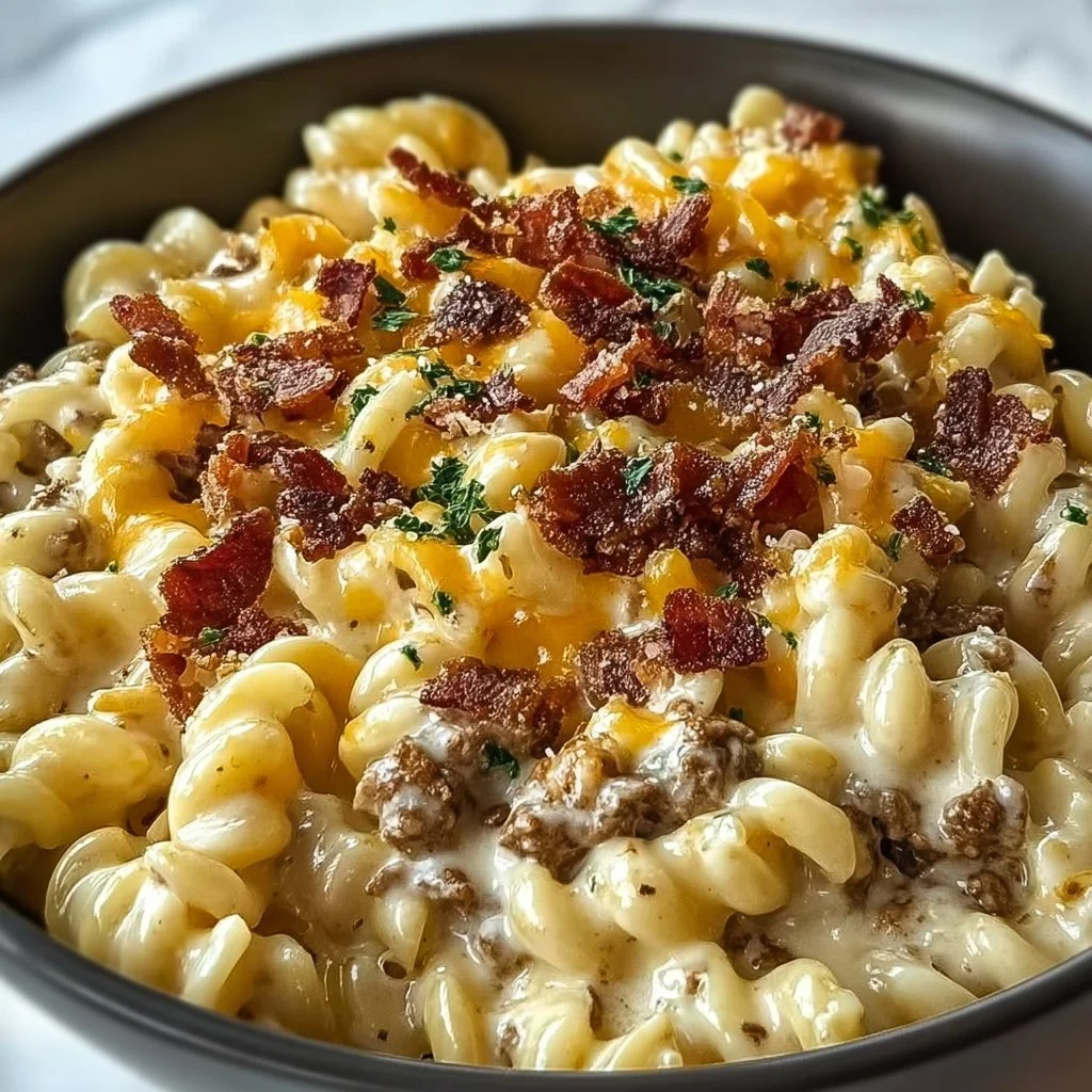 Loaded Bacon Cheeseburger Alfredo Pasta topped with crispy bacon and cheese