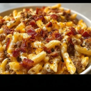 Loaded Bacon Cheeseburger Pasta topped with crispy bacon and melted cheese