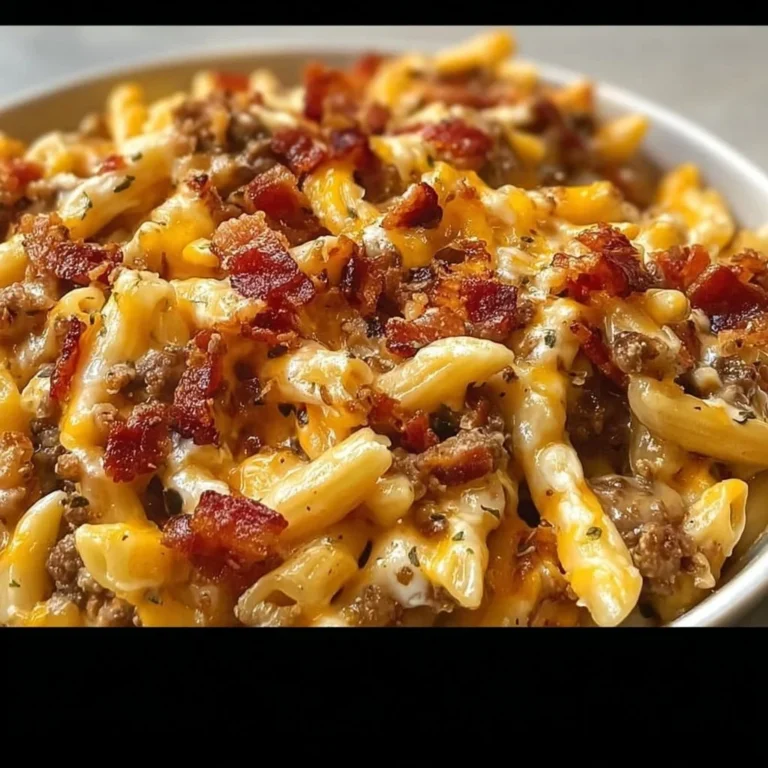 Loaded Bacon Cheeseburger Pasta topped with crispy bacon and melted cheese
