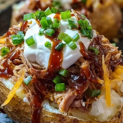 Loaded baked potato topped with pulled pork and garnished with cheese and green onions