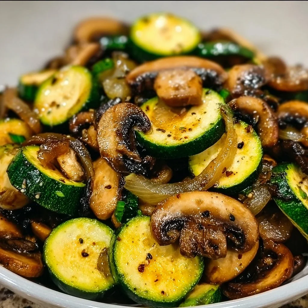 Low carb stir fry featuring zucchini, mushrooms, and onions in a vibrant dish.