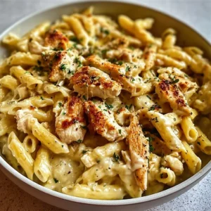 One Pot Chicken Penne Pasta dish served with herbs and cheese
