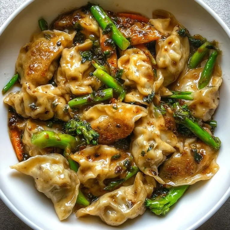 A vibrant potsticker stir fry with vegetables and sauces in a colorful dish.