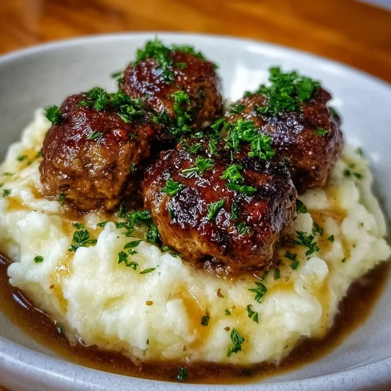 Salisbury steak meatballs served with garlic herb mashed potatoes in a beautiful dish.