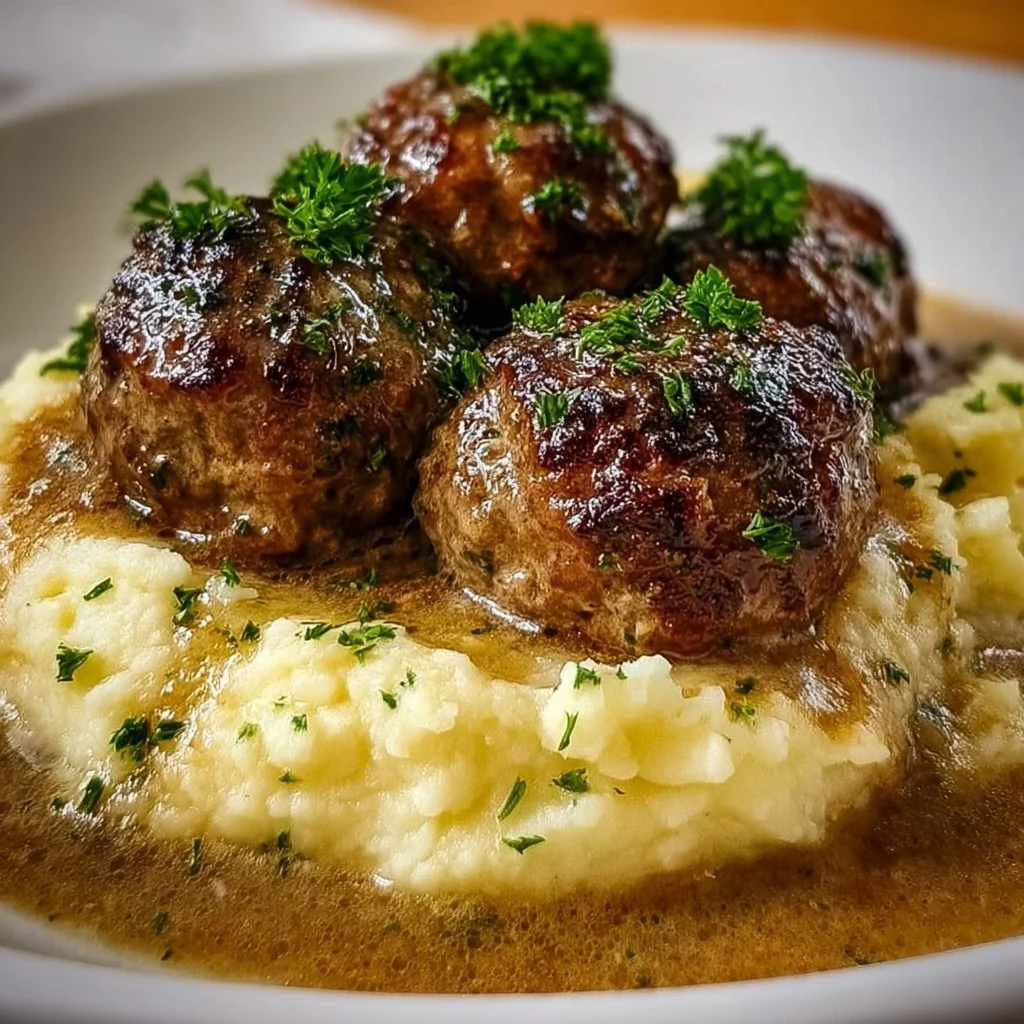 Salisbury Steak Meatballs with Garlic Herb Mashed Potatoes