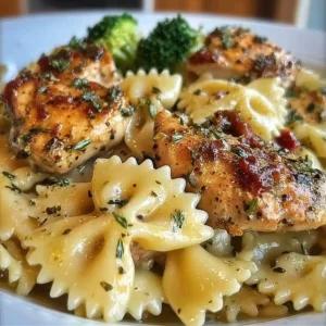 Plate of Cowboy Butter Lemon Bowtie Chicken garnished with herbs and lemon