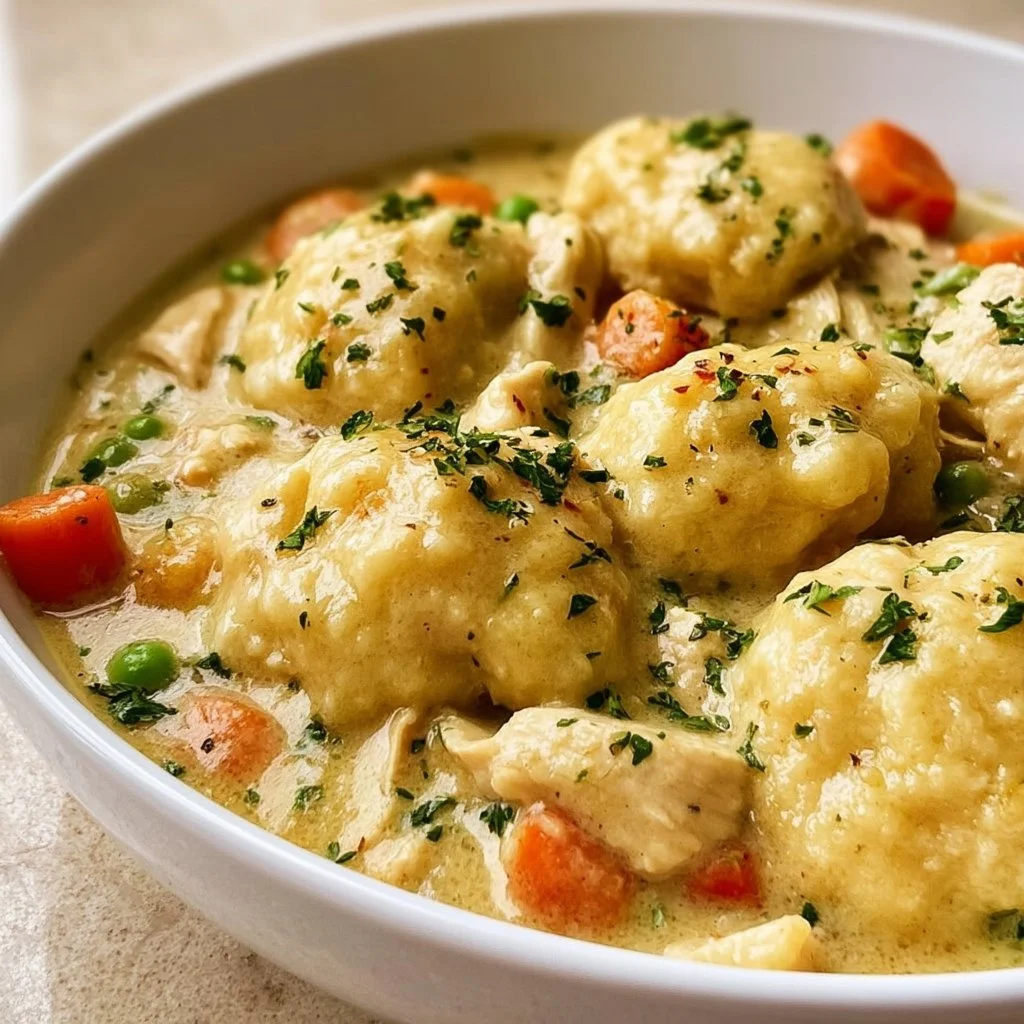 Simple chicken and dumplings with biscuits in a bowl, perfect for comfort food.