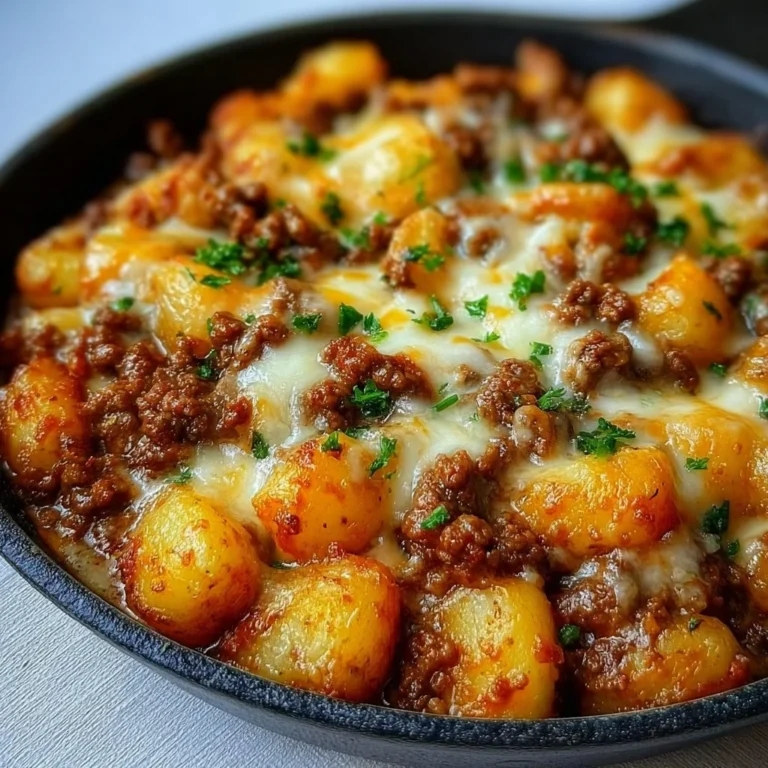 Delicious Sloppy Joe Potato Skillet topped with cheese and herbs in a skillet.