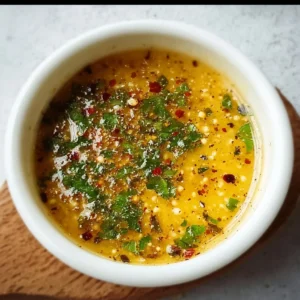 Spicy garlic butter sauce in a bowl with herbs